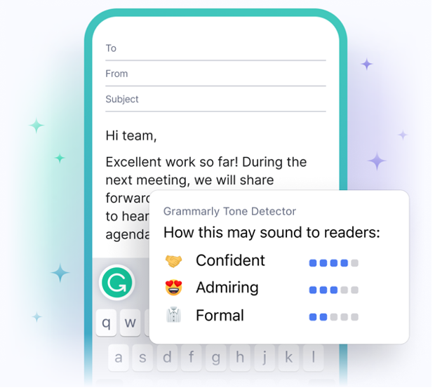 This image shows Grammarly in action. This shows an example of how Grammarly will read a users email and provide feedback on the tone, rating the confidence, admiration and formality. 