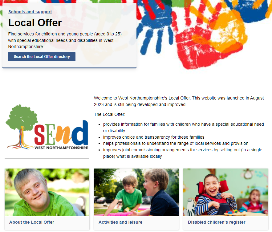 The landing page for the Local Offer contains a link to the directory at the top and then further links below to information about the local offer, activities and leisure and the disabled children’s register.