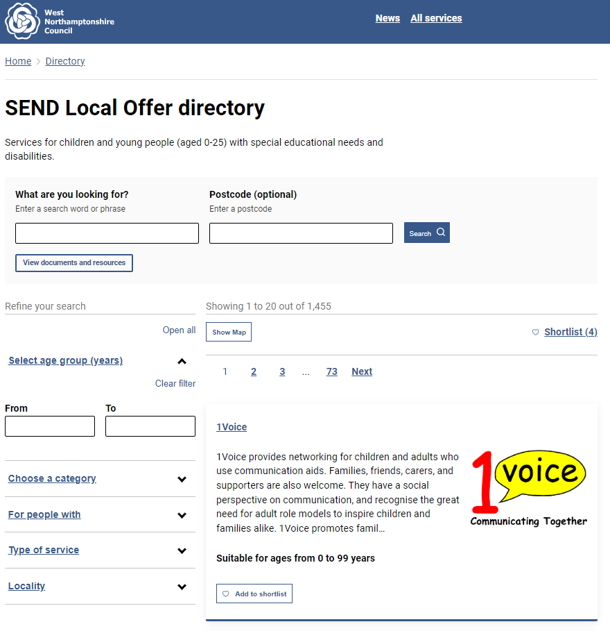 A screenshot of the new Local Offer Directory with boxes to search with a postcode, free text and some options to narrow down the results such as age, locality and category. It’s showing an organisation called “1Voice” in the search results.