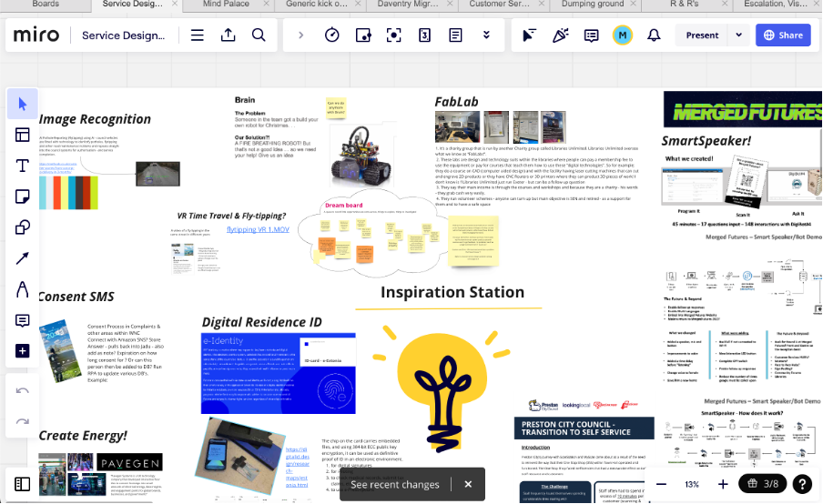 This image displays a screenshot of a Miro board holding various images, text and sticky notes