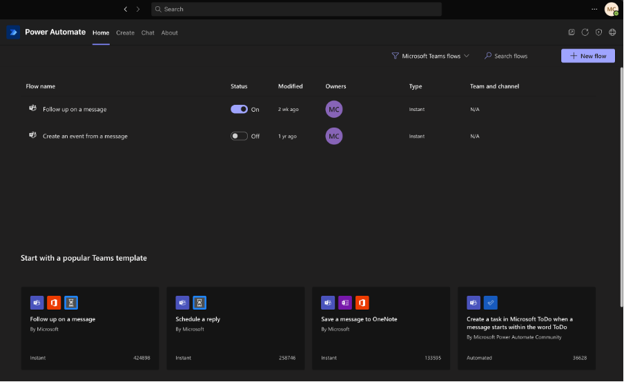 This image shows a screenshot of power automate in action within the Microsoft Teams application. 