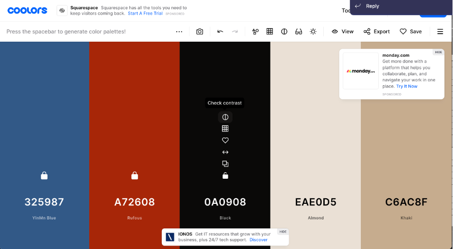 This image shows a screenshot of coolor.co where a user has selected a colour and the application has showed 4 variety of colours that match that palette. 